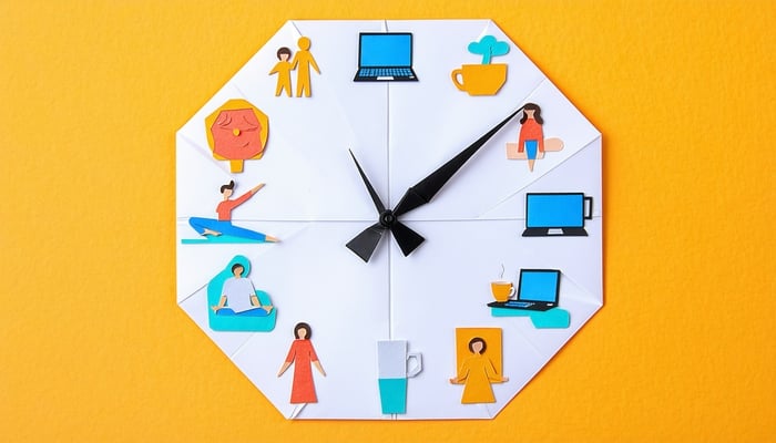 A clock face with icons of various life activities family yoga laptop coffee replacing the numbers  representing worklife integration-3