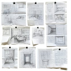 A collage of scribbled idea notes napkin sketches or prototypes-1