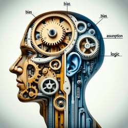 A human head with internal gears and labels like bias assumption logic