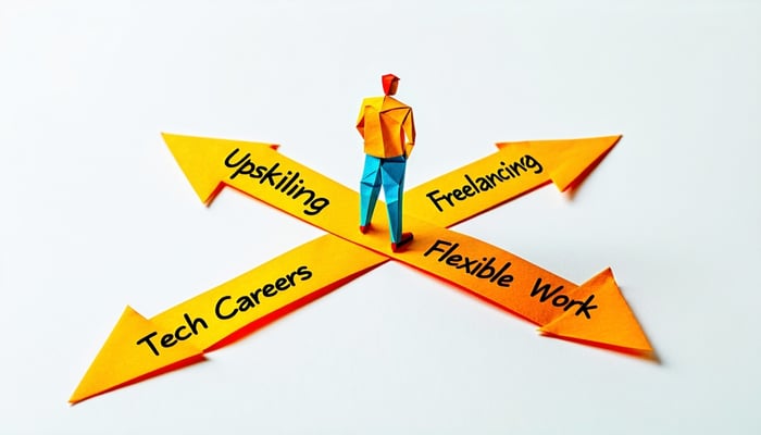A person standing at a crossroads sign with arrows labeled Upskilling Freelancing Tech Careers Flexible Work-1