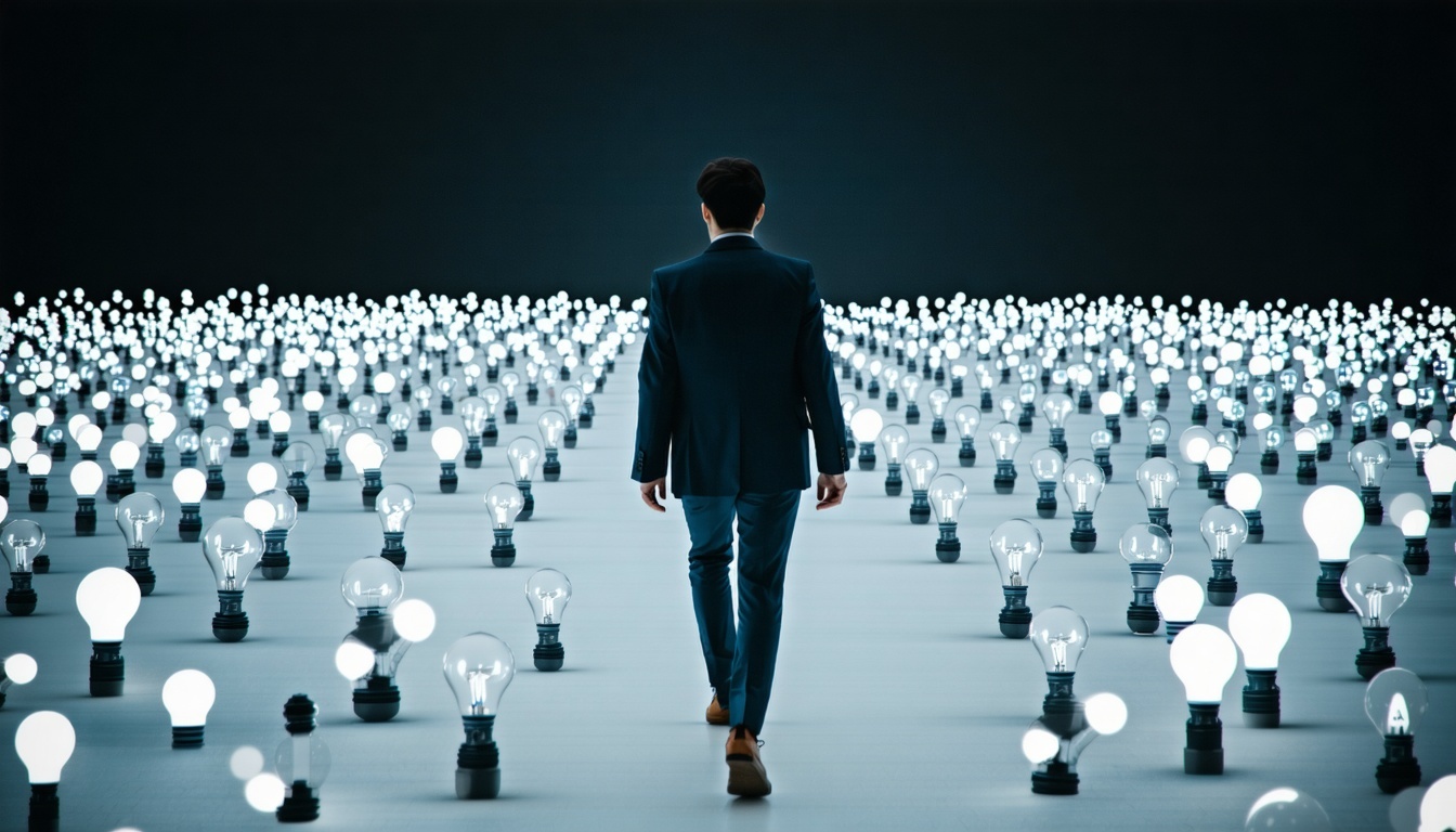 A person walking toward a maze of lightbulbs