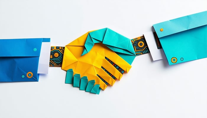A stylized illustration of a human hand shaking hands with a robotic hand symbolising collaboration between people and AI