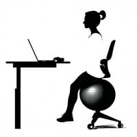 black and white iconography Standing desk or exercise ball chair in an office setting to represent physical movement at work