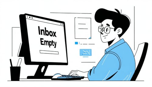 clean simple image of a happy employee looking at a computer screen that says Inbox Empty