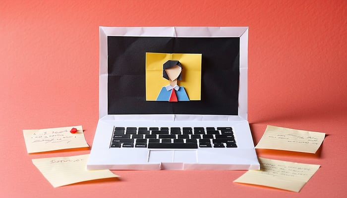 laptop with a video call interface open and notes scattered around-1