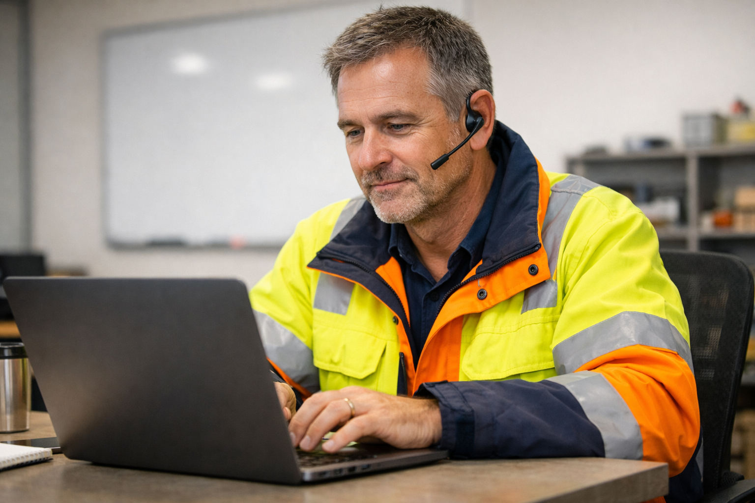 Person in High Vis Workwear at Computer Person in High Vis Workwear at Computer